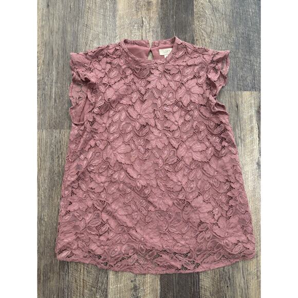 LOFT Outlet Tops - Loft Outlet Women Mauve Pink Floral Lace Flutter Sleeve Mock Neck Blouse Large